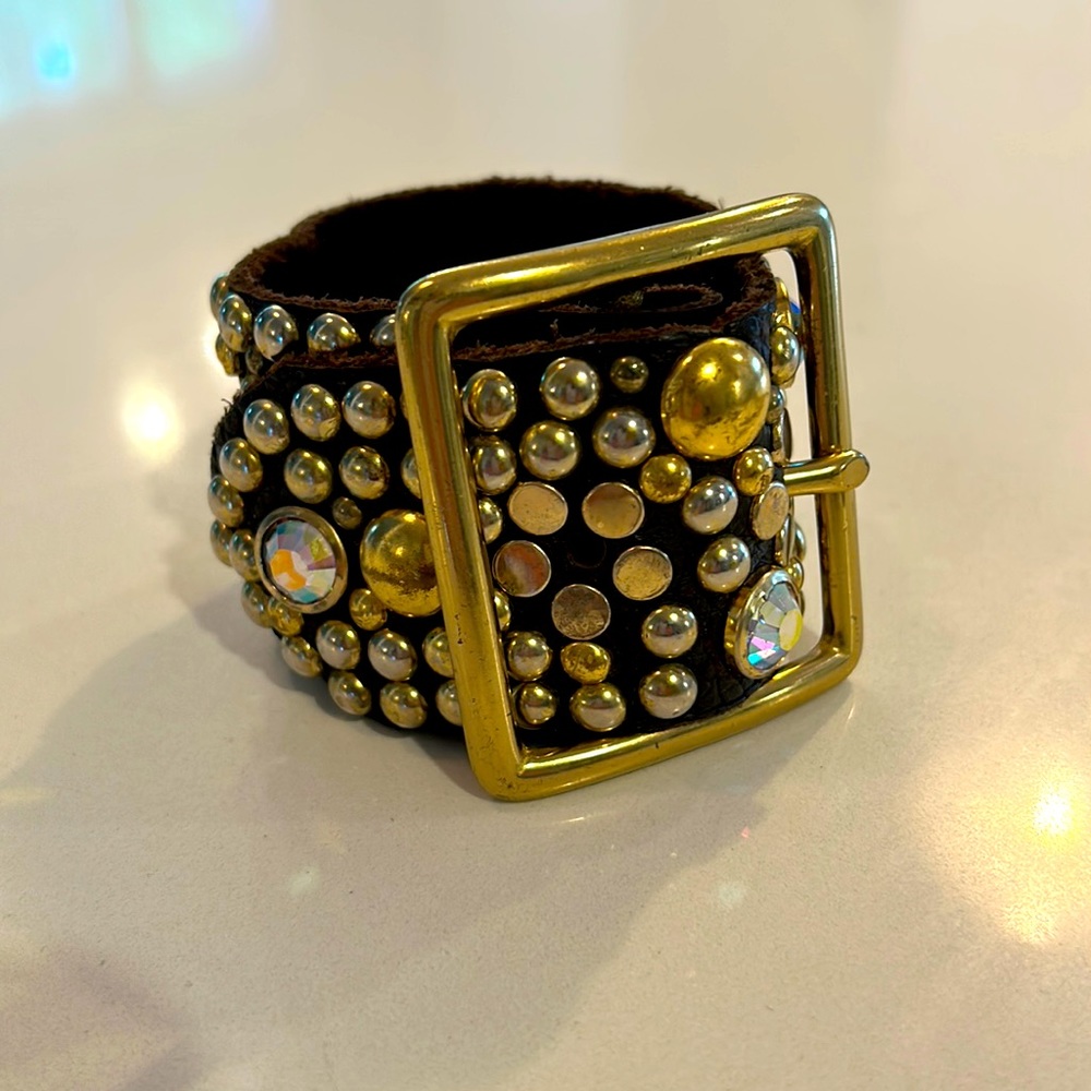 Brown Leather gold and crystal studded bracelet